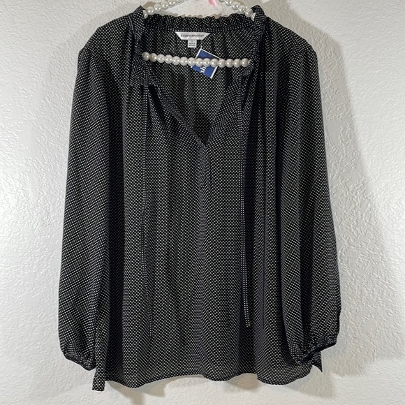 Counterparts Tops - COUNTERPARTS Tie Neck Blouse Top Black & White Polka Dots Long Sleeve Size L NEW